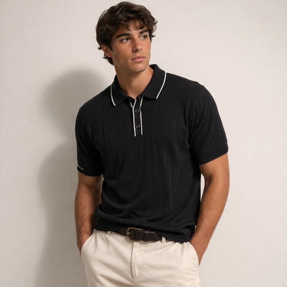 Express Ribbed Knit Polo Black XL 100% Cotton Preppy Old Money
